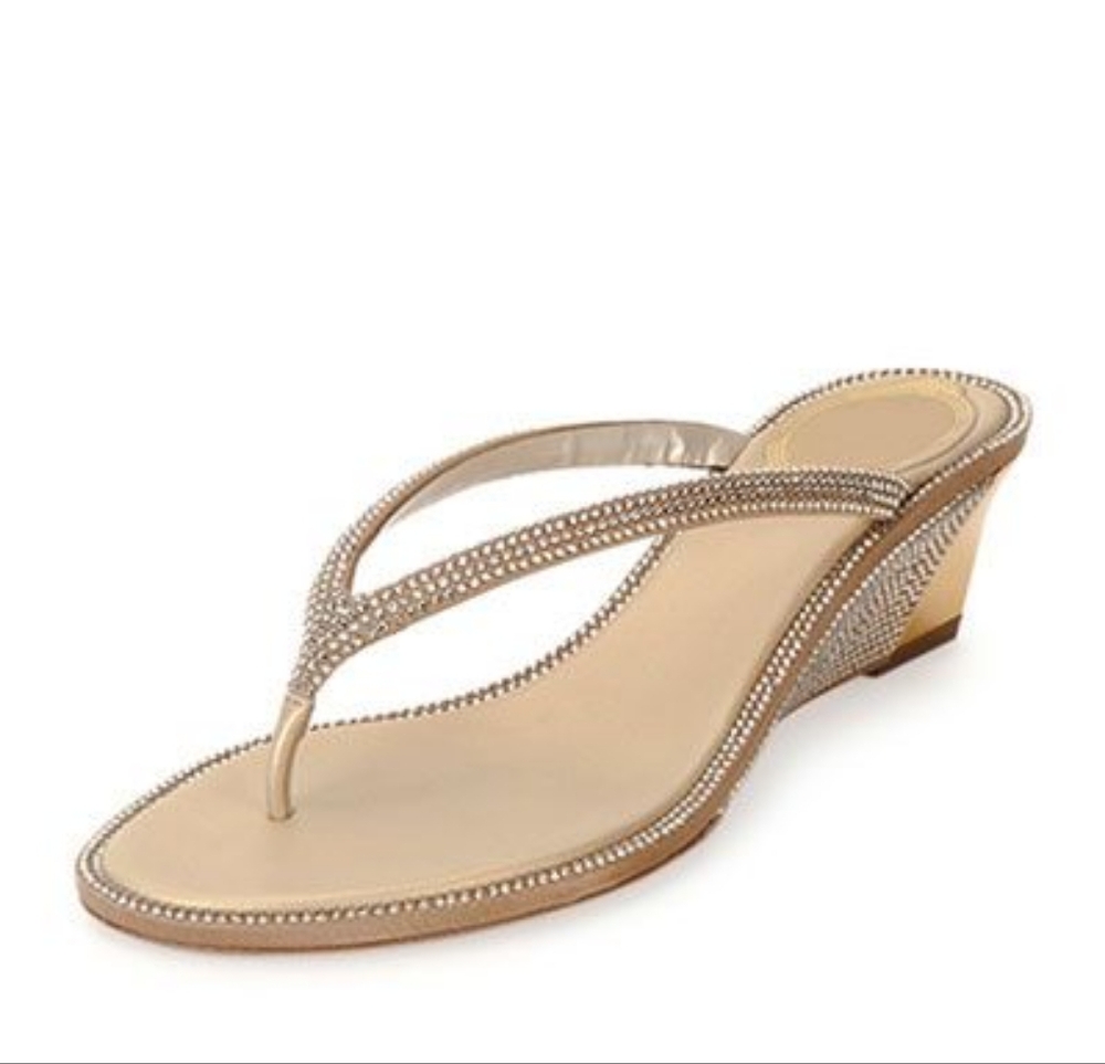 Rene Caovilla Gold Wedge Rhinestone Thong Sandals 37